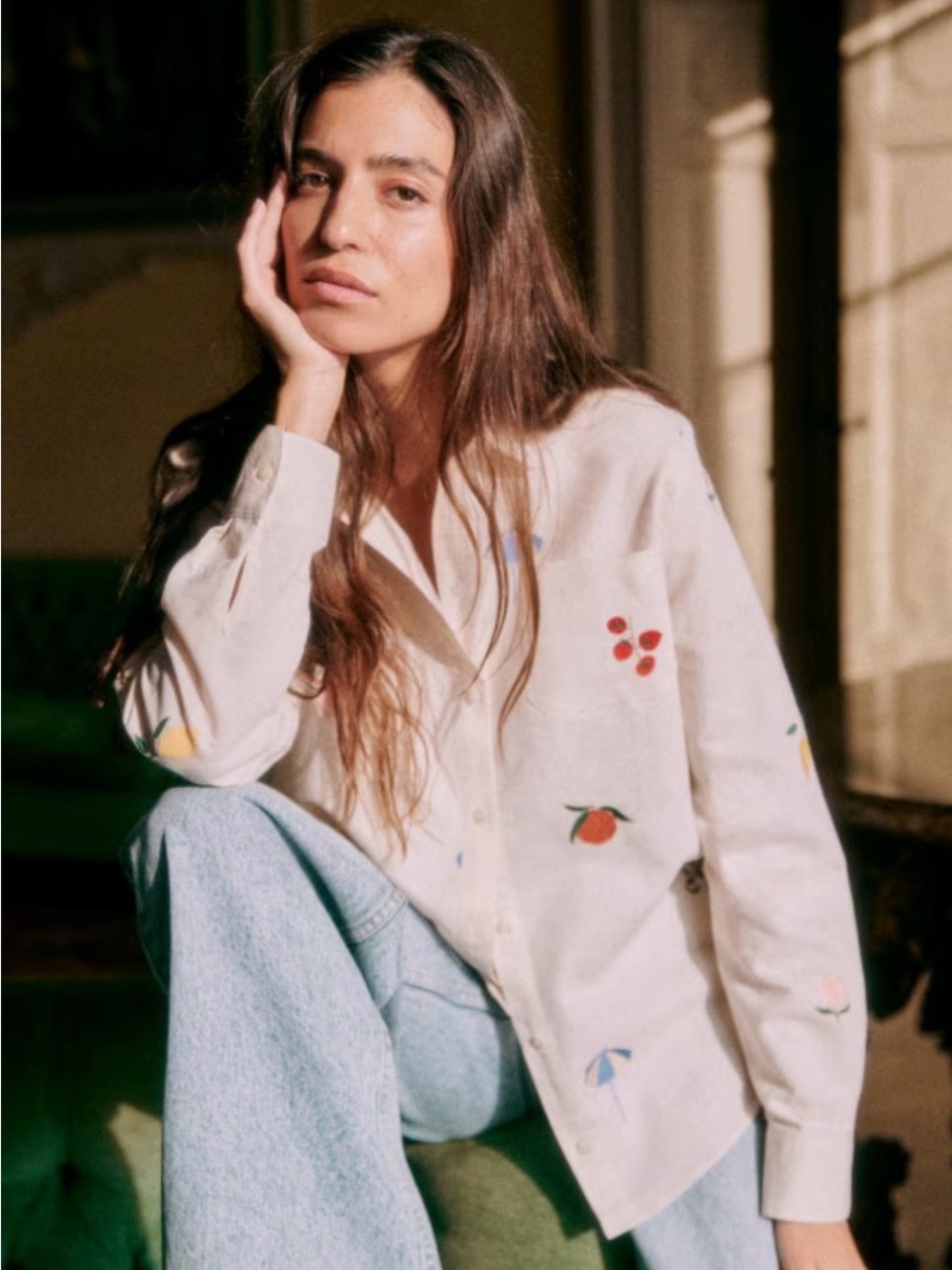 Sézane x Pangea Tomboy Shirt Fruit Floral  Embroidered Ecru Linen Button down